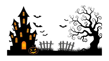 Spooky Halloween Silhouettes: An evocative digital illustration captures the essence of Halloween night. A haunted house and eerie tree stand against a backdrop of flying bats.