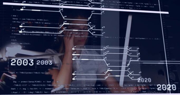 Data analyst typing, activating holographic circuit timelines lifting sheet cross-referencing data