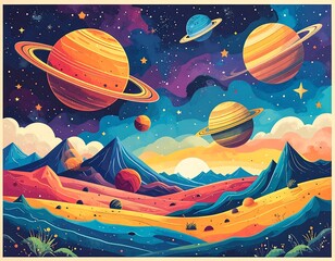Colorful alien landscape with planets