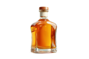 Elegant glass bottle of amber liquid with cap isolated on white background, cut out