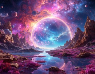 Colorful alien landscape with a large glowing celestial body