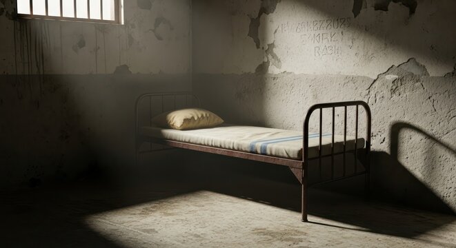Desolate confinement: A dim prison cell with a solitary bed bathed in faint light