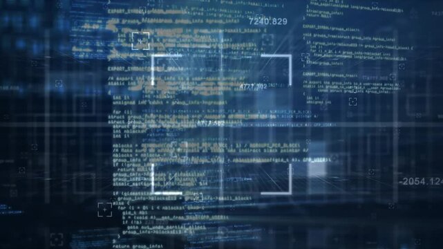Opening dark blue grid, white scanning frame bracketing shifting code blocks, highlighting segments