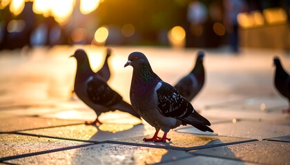 City pigeons at sunset