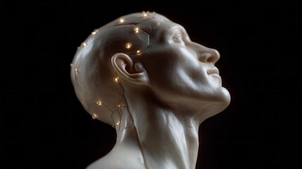 A visionary Caucasian male silhouette adorned with luminescent nodes, symbolizing Neural Network Day and the Festival of the Mind