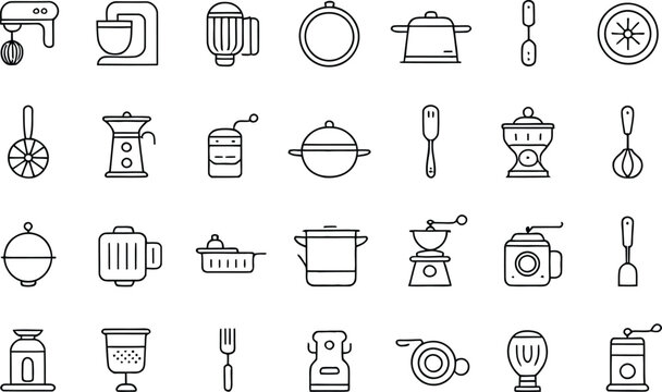 Essential kitchen tools collection for culinary projects, showcasing mixers, pots, grinders, and utensils for food preparation and cooking mastery