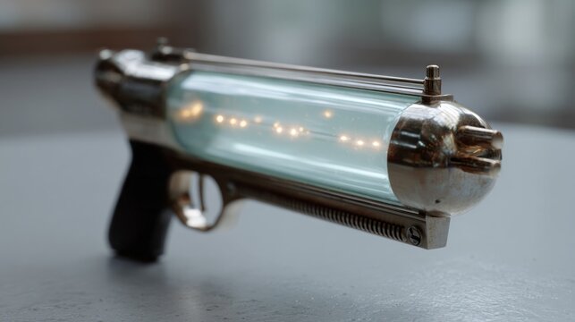 Retro-futuristic luminescent raygun whispers tales of steampunk revelry, evoking Cyber Monday and International Science Fiction Day