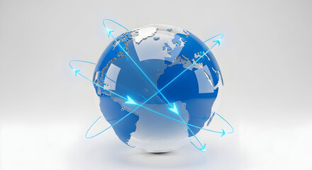 Global digital network with glowing data links around a blue 3D Earth on white background