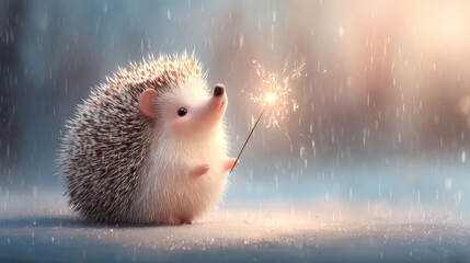 Funny New Year's eared hedgehog in a red Santa hat on a magical background with colorful bokeh lights. White albino hedgehog close-up. The concept of Christmas or New Year. Copy space for text
