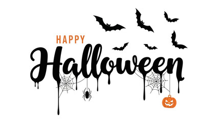 Halloween: A spooky, seasonal greeting, the word Halloween with spooky bat silhouette, a cartoon spider and a carving pumpkin, and a dripping effect.