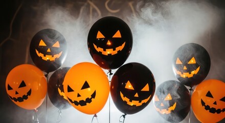 Eerie halloween celebration featuring spooky illuminated jack o'lantern balloon decorations, a