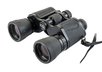Binoculars with strap on white background isolated on a transparent background optical instrument