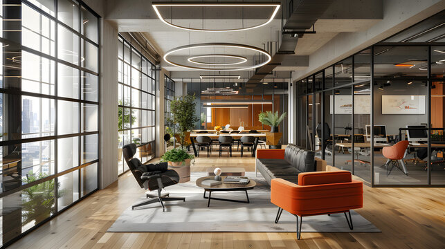 modern office design with open workspace, collaborative areas, glass walls, ergonomic furniture, stylish lighting, cinematic 16:9