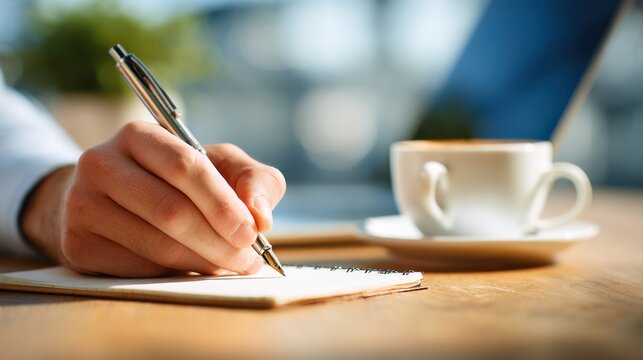 A close-up image of an Asian woman holding a pencil, writing something in her notebook, making list, drawing, taking notes, doing homework, or keeping diary.