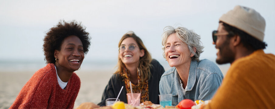 Diverse friends share laughter and joy at a beach picnic. Captures connection, friendship, and vibrant community. Ideal for lifestyle, travel, or social campaigns. - Powered by Adobe