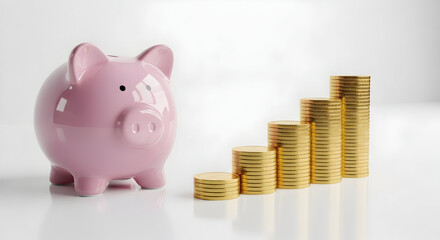 Pink piggy bank next to ascending stacks of gold coins representing personal savings, financial planning and wealth accumulation