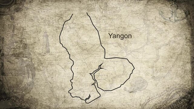 Yangon map drawn on a cartography background sheet of paper