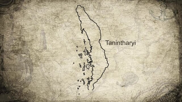 Tanintharyi map drawn on a cartography background sheet of paper