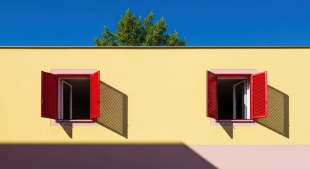 Vibrant yellow building facade with two open red-shuttered windows casting strong shadows under a clear blue sky with green trees.