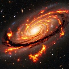A vibrant spiral galaxy ablaze with fiery, orange-red stellar activity dominates the cosmic expanse.
