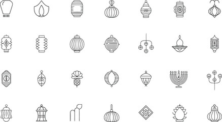 Elegant lantern collection for festive designs, creating warm inviting atmosphere, ideal for holiday promotions and cultural event themes, vector art