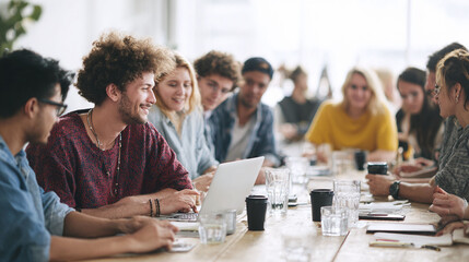 Diverse group brainstorming. Casual startup team collaborates around a laptop in a bright, modern office. Shows teamwork, innovation, and community. Ideal for business, education.