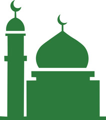 A simple green vector illustration of a mosque with a dome and minaret topped with crescent moons.