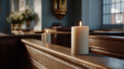 Candles flicker in solemn harmony, casting whispers in sacred pew shadows, evoking All Souls' Day tranquility and ancestral echoes