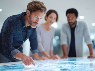 Diverse team collaborates, analyzing interactive display. Ideal for showcasing teamwork, technology, innovation, strategy, planning  problem solving. Modern  clean aesthetic.