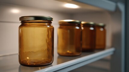 Amber jars serenade under cool LED halos, whispering autumn's honey harvest and vintage pantry alchemy