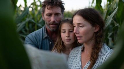 Fototapeta premium A Caucasian family immersed in a cornfield map quest evokes Sukkot's harvest and National Treasure Hunting Day