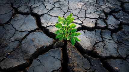 Cracked mud with tiny green sprout struggling to grow. Water crisis and water shortage in summer during long drought is a global problem of drought on the planet.