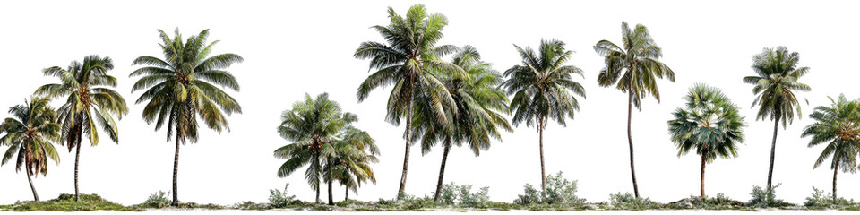 Obraz premium A line of diverse palm trees standing tall against a white background.