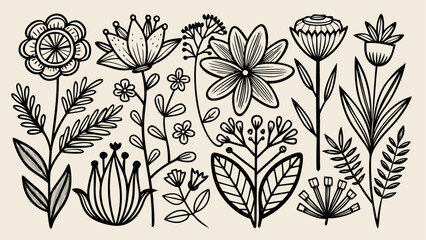 Simple black line drawings of various flowers and plants, graceful organic forms, versatile minimalist aesthetics, perfect for elegant branding, invitations, or creative projects needing refined 
