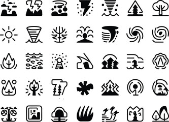 Dynamic weather icons set for disaster preparedness and environmental awareness, originally vector graphics, perfect for apps, websites, and infographics