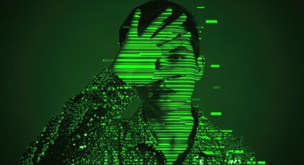 A person peers through their hand as their body dissolves into green digital code and scan lines, representing a futuristic concept.