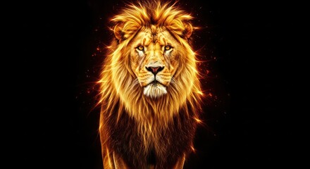 Fototapeta premium Majestic lion portrait with glowing mane against a stark black background design