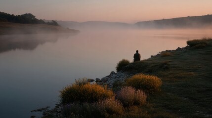 Obraz premium Misty dawn embraces a solitary silhouette by a tranquil lake, capturing the enigmatic whispers of Higan and hygge