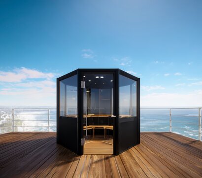 Modern Sauna with Seaside View: A sleek, modern sauna with transparent walls invites relaxation and wellness, offering a breathtaking panorama of the sea under a clear, bright sky.