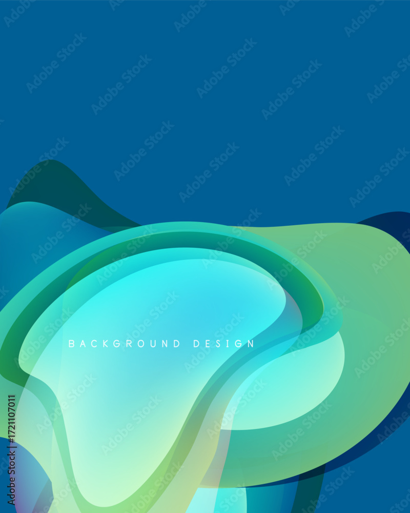 Poster abstract blue green layers create flowing shapes. soft gradients suggest depth, texture. minimal tex