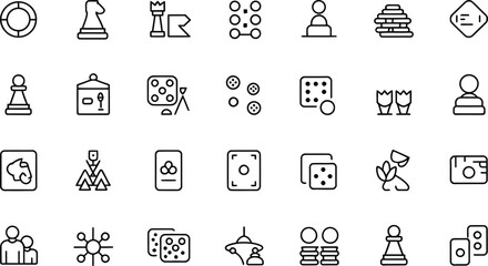 Playful line art icons illustrating games, strategy, and luck for modern designs, perfect for game developers and designers needing a clean, versatile style