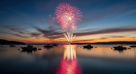 Vibrant fireworks display reflecting over a tranquil harbor filled with boats during a beautiful sunset.