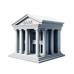 A stylized, light gray bank building, classical architecture, three-dimensional