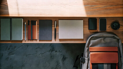 Workspace with organized stationery and a backpack on a wooden desk