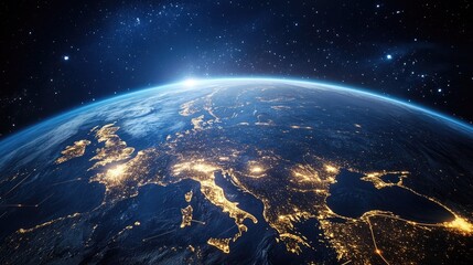Obraz premium Earth at night, showcasing Europe's city lights and sunrise