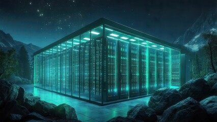 Server room in mountains with night sky