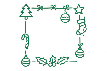 Green line art icons forming a festive christmas border on a transparent background, perfect for holiday-themed designs