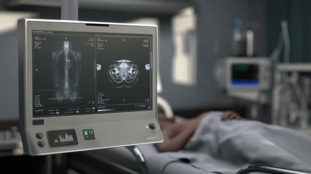 X-ray scanner system analysing organ injuries in the sick patients body. X-ray examining the body of the injured person. X-ray inspecting the internal organ injuries in the patients body.