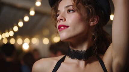 Festive revelry captures a fictional Caucasian woman beneath twinkling lights, echoing the mysterious allure of Maslenitsa evenings