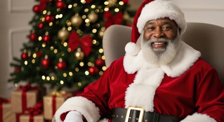 Smiling Black Santa Claus sits in a chair in front of a decorated Christmas tree.